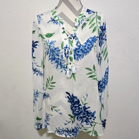 Show Me Your Mumu Floral Tunic Thatcher Tie Top White Blue Wisteria Print Small - Picture 1 of 12
